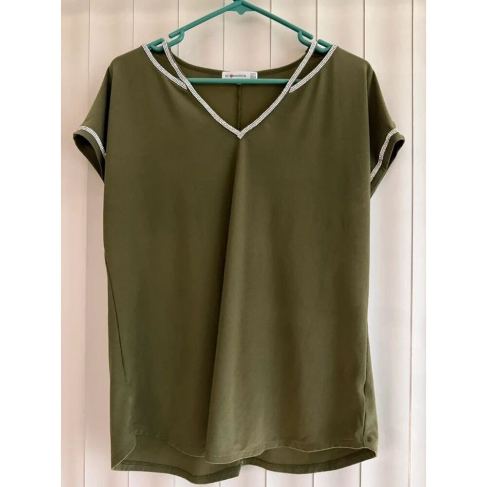 Olive Green & Rhinestone V-Neck Blouse Sz XL